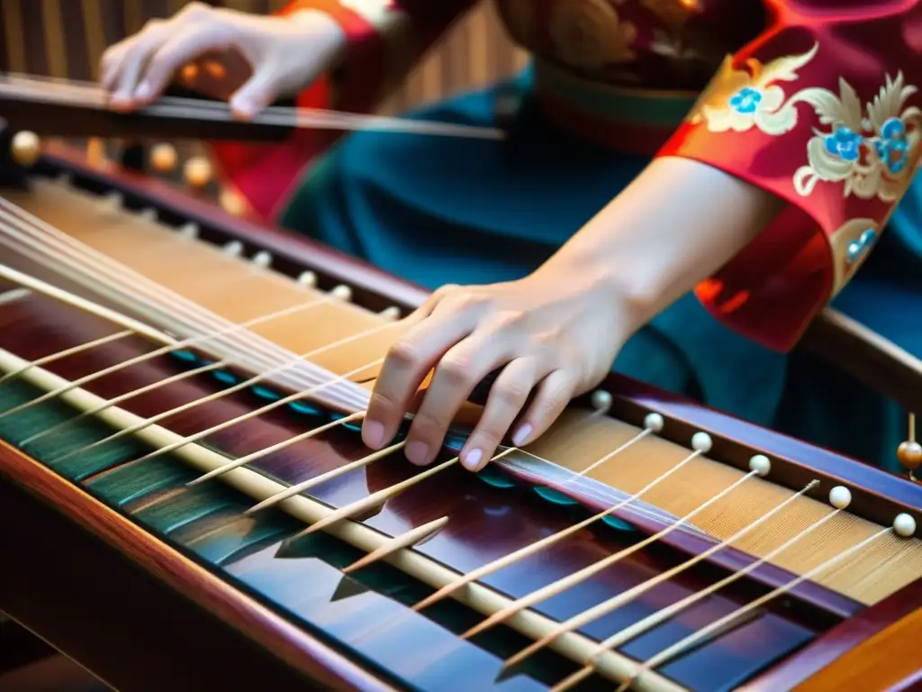 Manos habilidosas tocando el Guzheng, resaltando la historia y sonido del instrumento chino