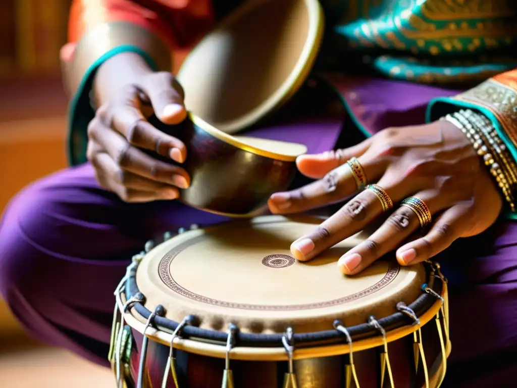 Las manos del intérprete de tabla golpean con ritmos complejos, destacando la artesanía y tradición del instrumento indio