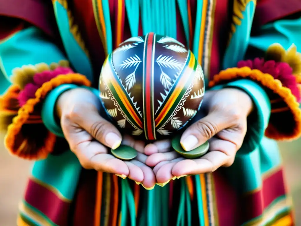 Manos de chamán tocan maracas en ceremonias chamanísticas, envueltas en misticismo ancestral