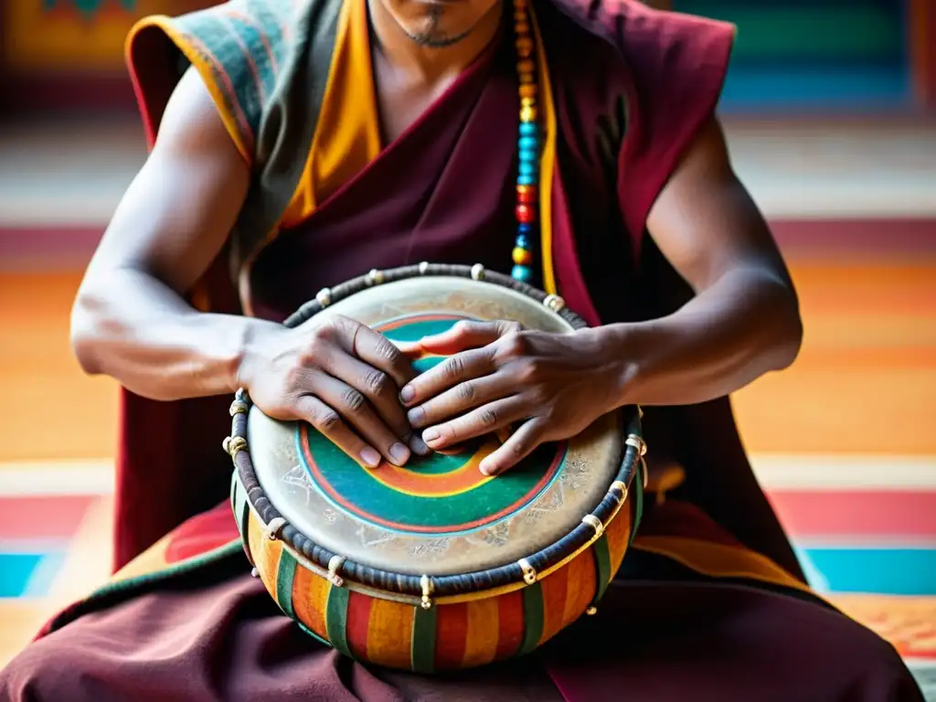 Las manos de un monje tibetano en movimiento tocan el Damaru, con patrones coloridos y decoración tradicional