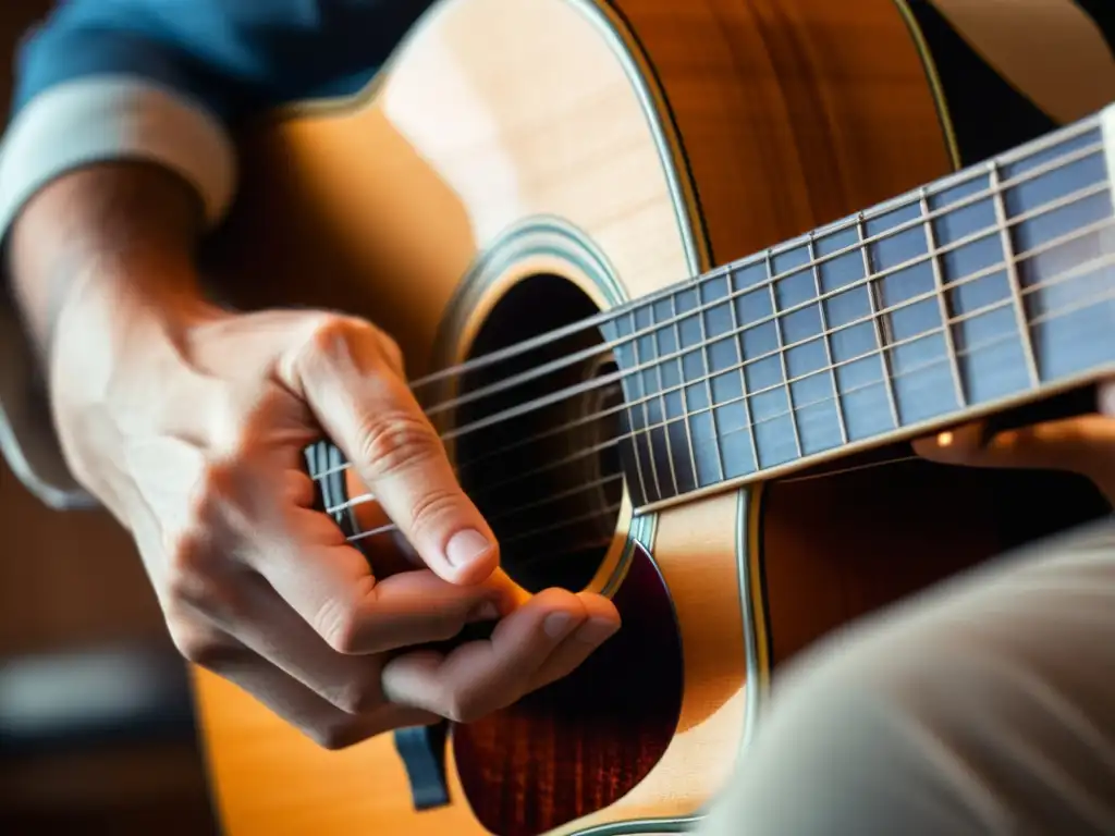 Manos de músico fusionando acústico y electrónico en guitarra