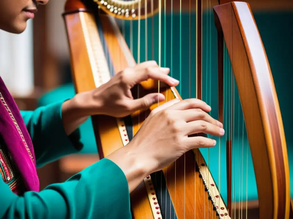 Las manos de un músico hábil ejecutando el arpa paraguaya con intensa concentración, resaltando la tradición y belleza de este instrumento único