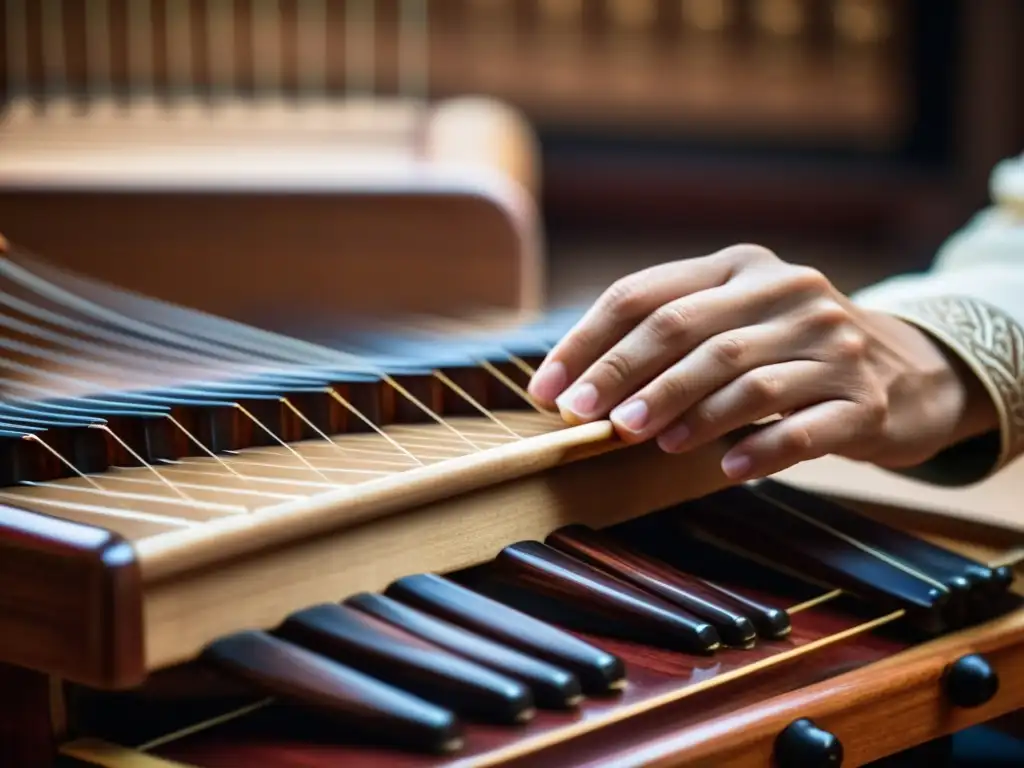 Innovación del guzheng en música: Detalle de manos de músico tocando el guzheng, resaltando la artesanía y la tradición china