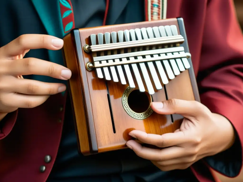 Las manos de un músico tocan una kalimba asiática, mostrando sus detalles y la conexión con la historia y sonido de la kalimba asiática