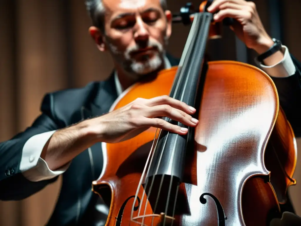 Manos de músico conectando emocionalmente audiencia con interpretación musical en cello, intensidad y pasión palpables en cada detalle