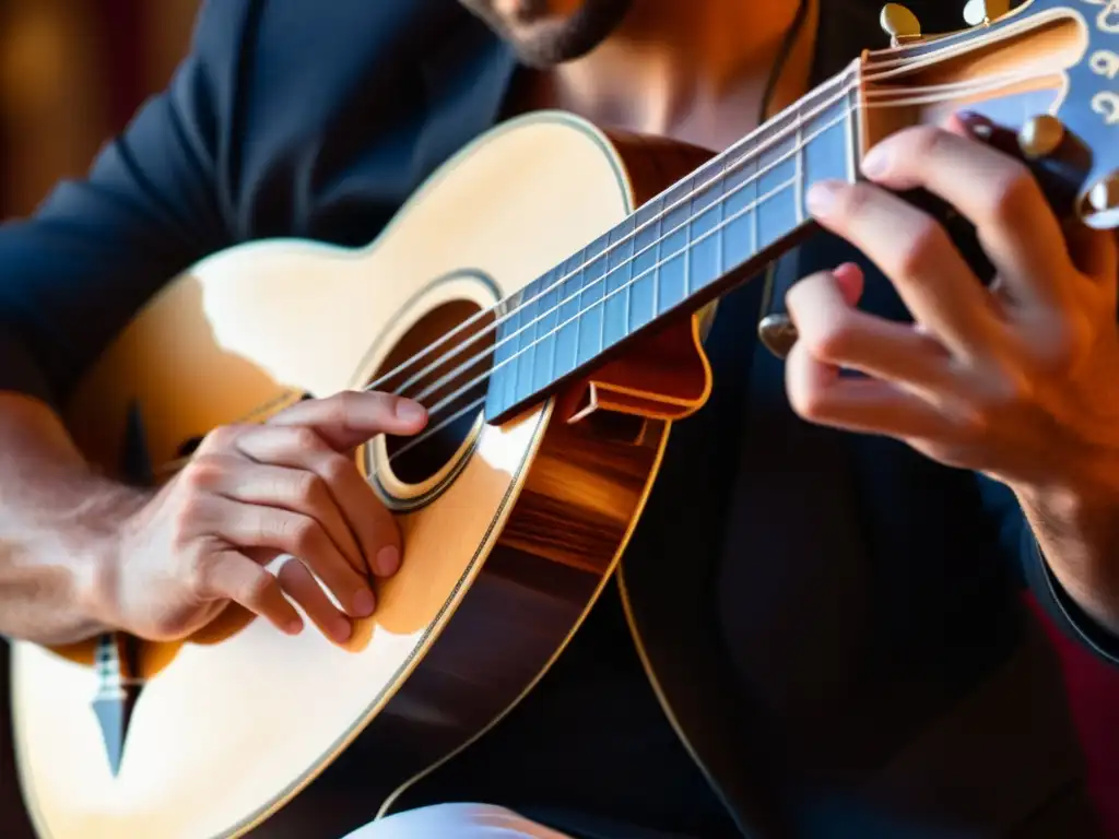 Las manos de un músico hábil tocan un bouzouki griego, destacando su artesanía y la pasión del intérprete