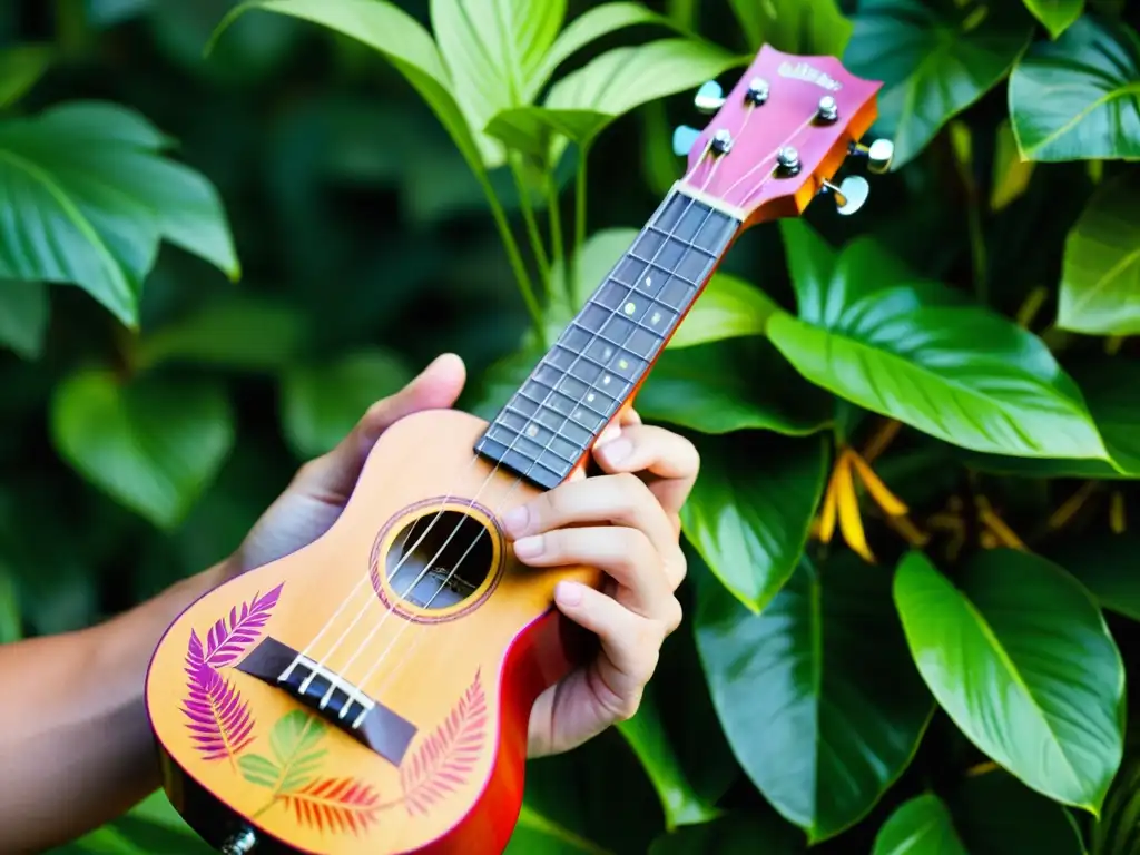 Manos de músico tocando un ukelele colorido y detallado en la exuberante vegetación, evocando la improvisación tropical con ukelele