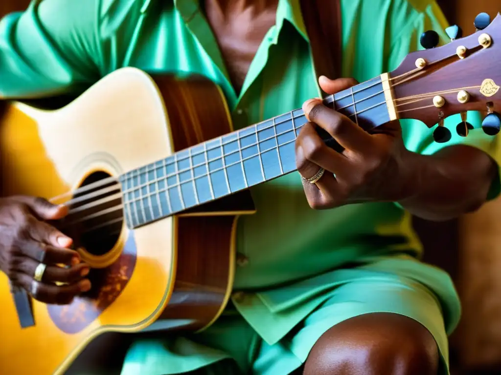 Las manos del músico cubano expertamente ejecutando el tres cubano, revelando la historia y sonoridad del instrumento en la música folclórica cubana