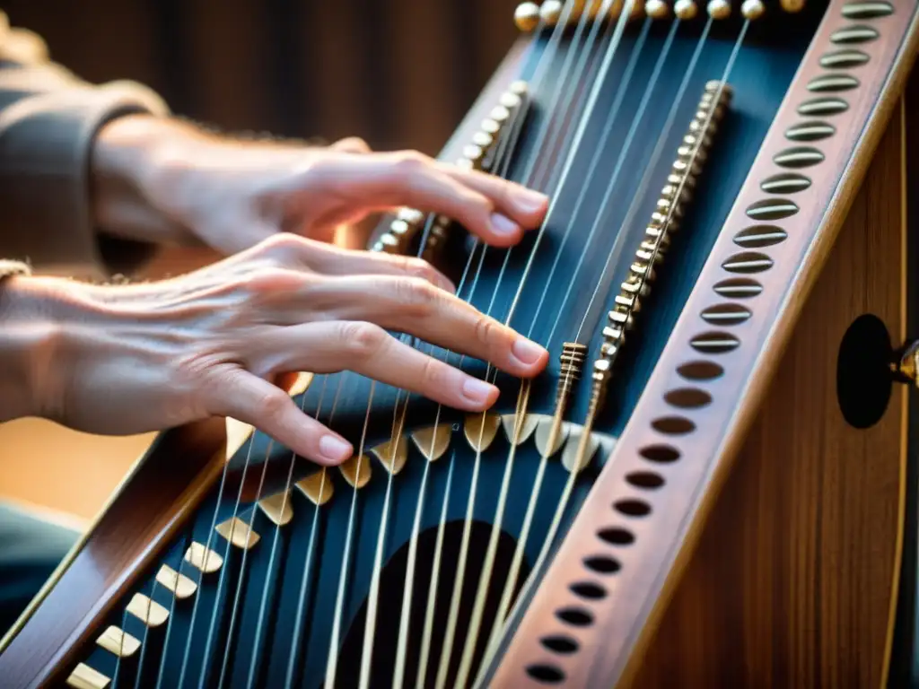 Las manos de un músico tocando las cuerdas de un autoarpa, transmitiendo la historia y uso del instrumento a través de la imagen detallada y cálida