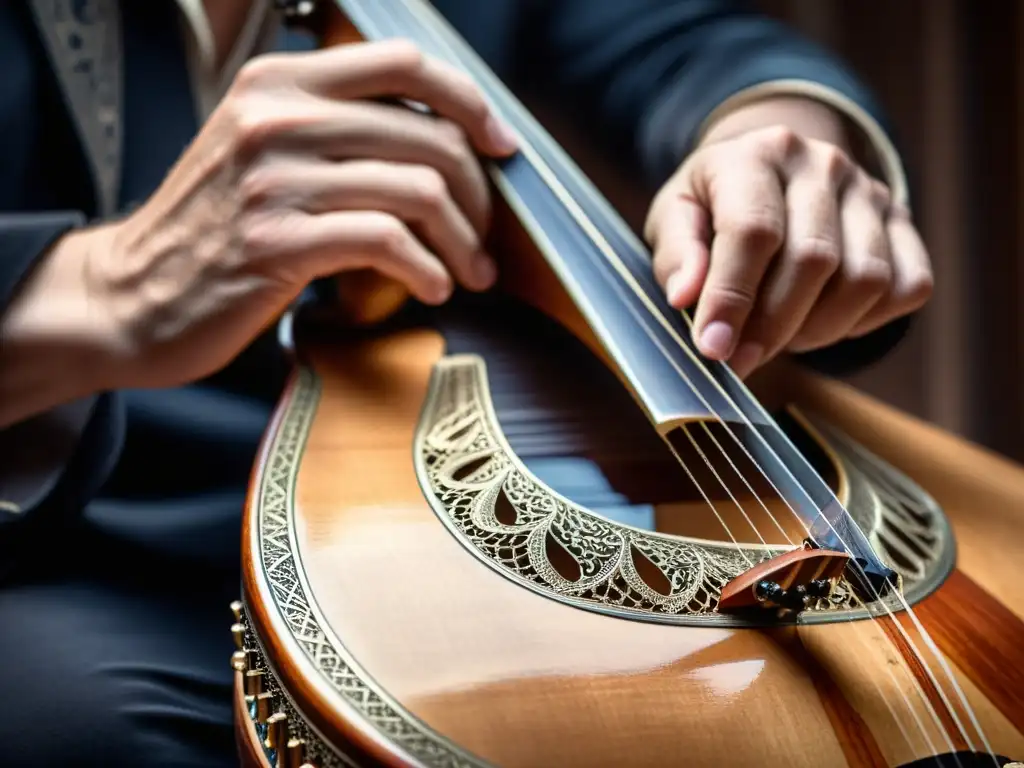 Las manos de un músico hábil pulsando las cuerdas de un oud, resaltando la historia y sonido del oud árabe