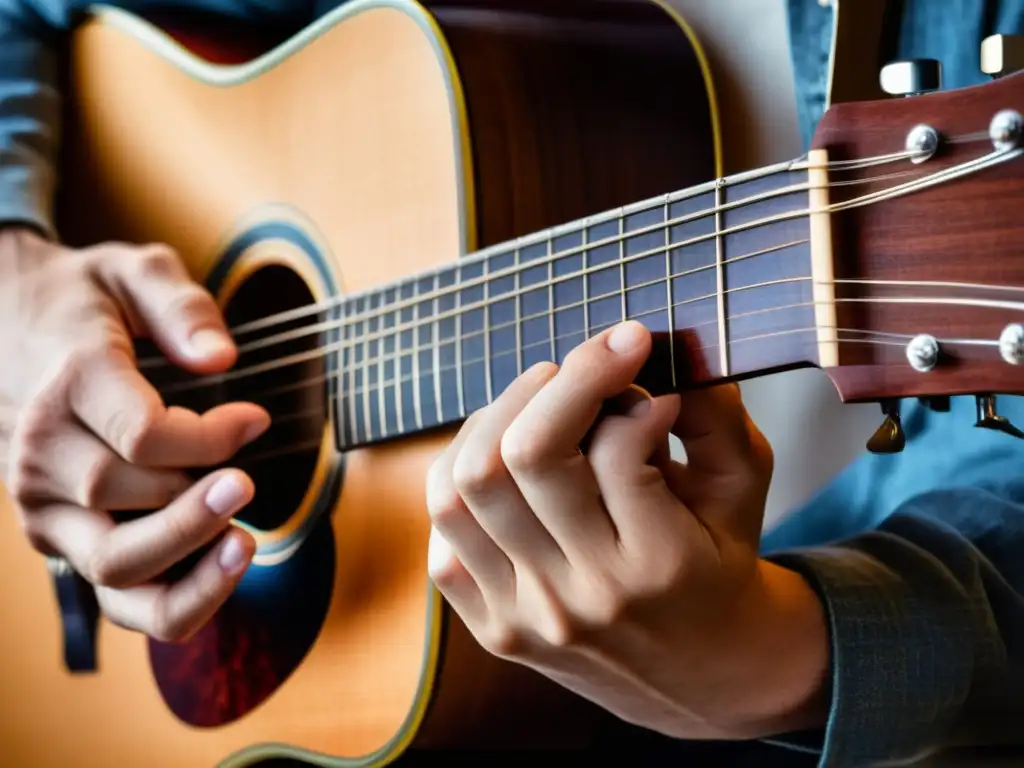 Manos de músico pluckeando con delicadeza las cuerdas de una guitarra acústica, capturando la expresión musical con pasión y destreza