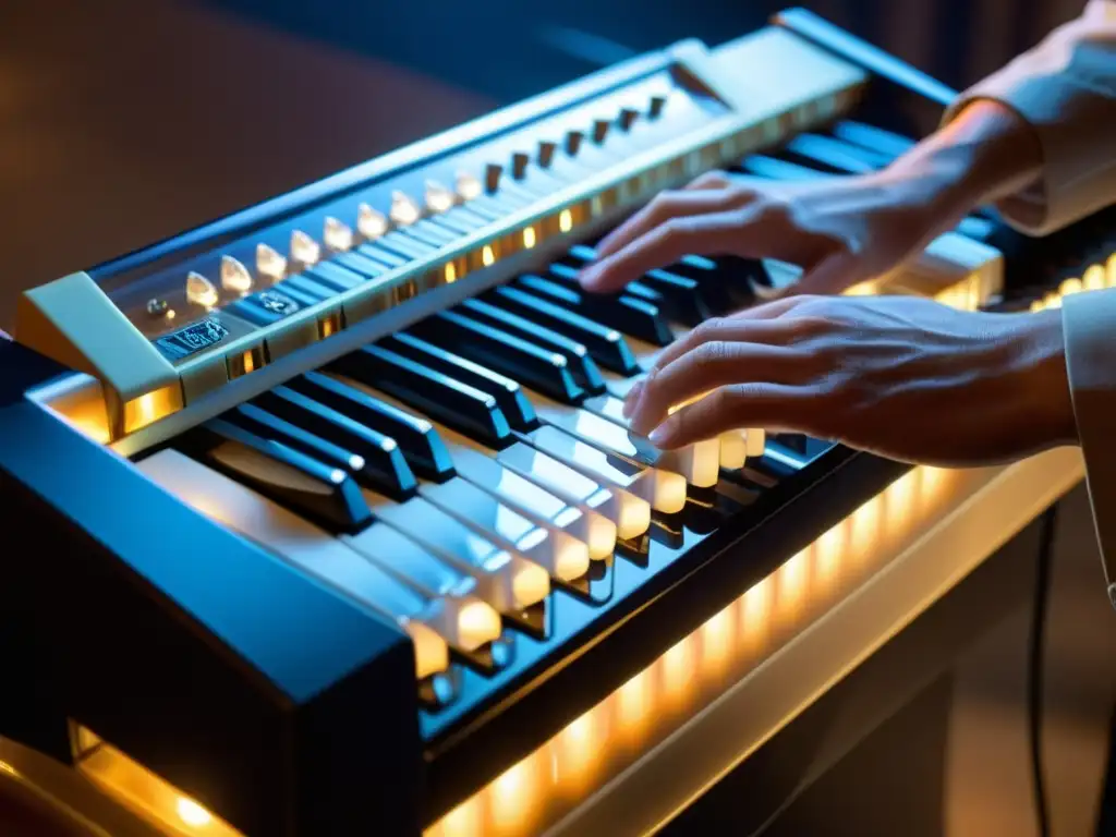 Maestría en melodía: manos expertas en la melodica Las manos de un músico presionan con delicadeza las teclas de una melodica, revelando su intrincado mecanismo interno