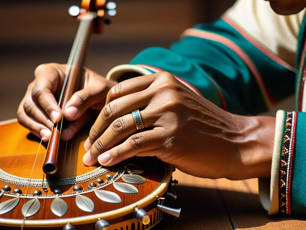 Las manos del músico experto tocan con delicadeza las cuerdas de un Ronroco, resaltando los detalles y la artesanía del instrumento