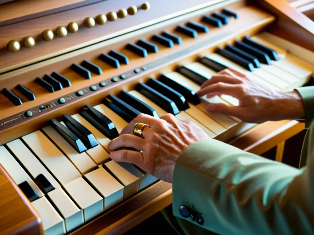 Movimientos expertos: Manos de músico en Ondas Martenot Las manos de un músico experto manipulan con delicadeza las teclas y anillo del Ondes Martenot, bañadas en cálida luz natural