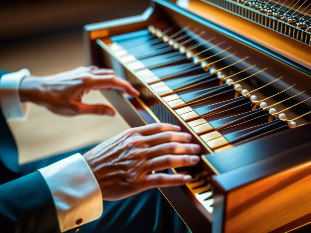 Las manos de un músico experto tocan con delicadeza las cuerdas de un címbalo, reflejando su intensa concentración