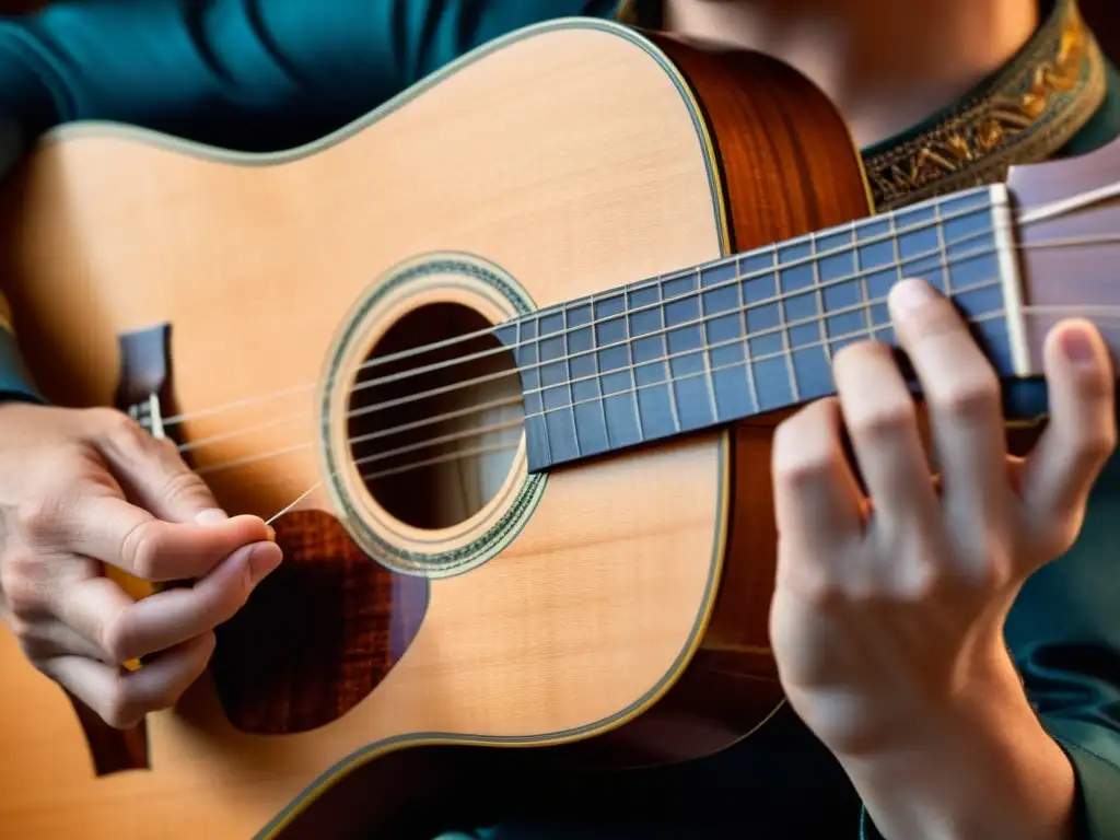 Manos de músico experto capturando la expresión musical al tocar con delicadeza las cuerdas de una guitarra clásica