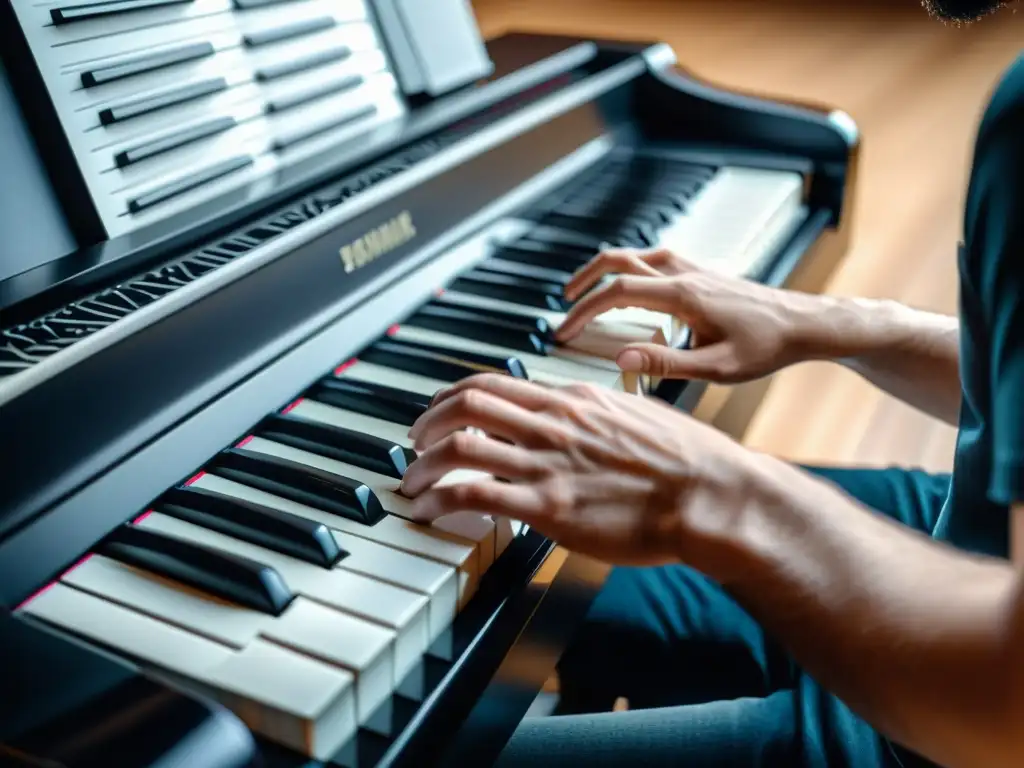 Manos de músico experto tocando con precisión un teclado digital, destacando el diseño y la influencia en la técnica pianística