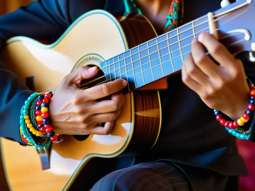 Las manos de un músico gitano tocando una guitarra flamenca, capturando la emoción y destreza de la música