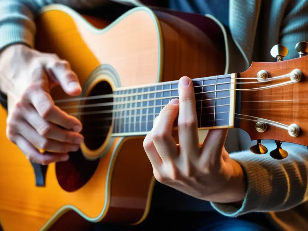 Las manos de un músico tocando una guitarra clásica, mostrando destreza y pasión