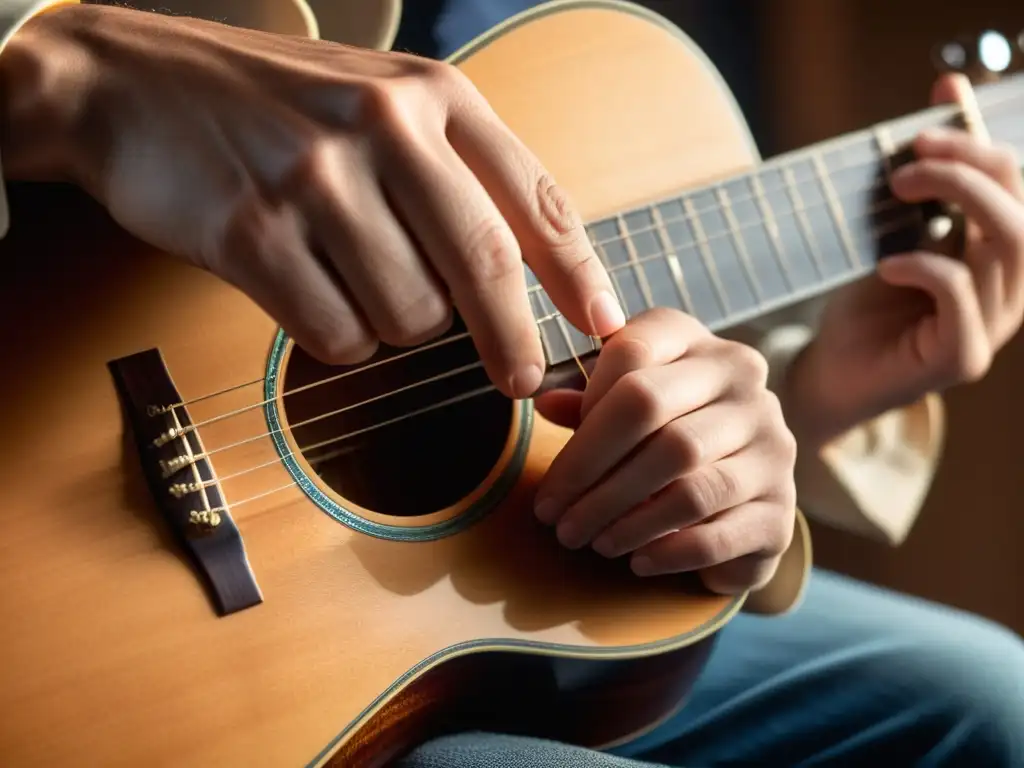 Manos de músico tocando la guitarra con intensa concentración, capturando la esencia artística y el impacto de los teléfonos inteligentes en la música