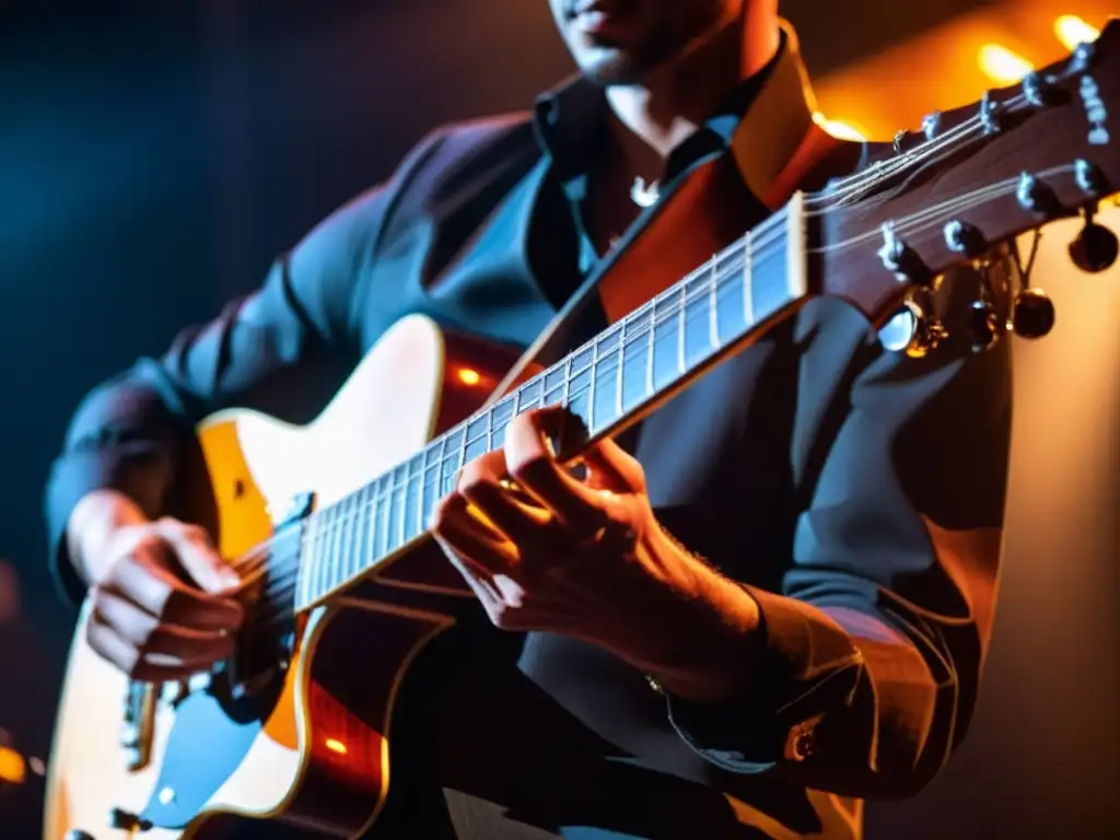 Manos del músico tocando la guitarra en vivo, destacando la tecnología de seguimiento de movimiento en performances musicales