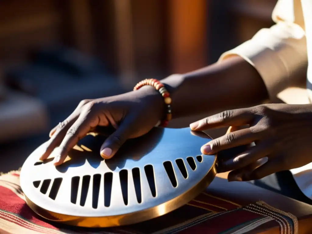 Las manos de un músico habilidoso tocan el mbira, con las teclas metálicas y la caja de resonancia claramente visibles