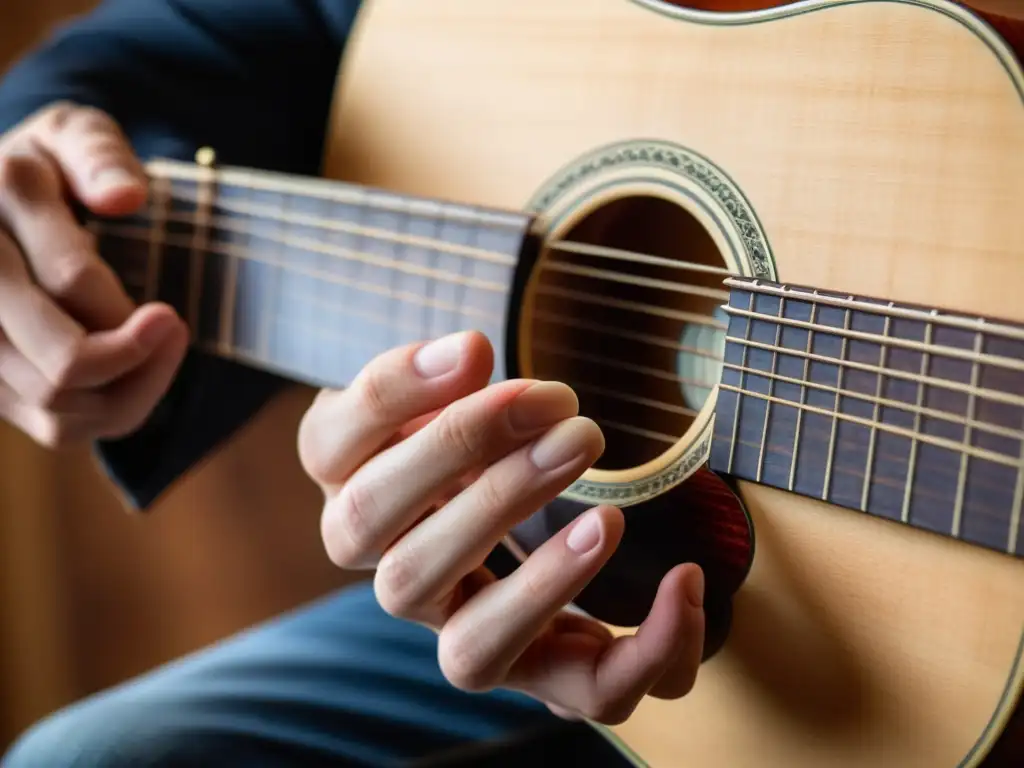 Las manos de un músico habilidoso preservando la técnica en instrumentos, tocando con delicadeza una guitarra acústica tradicional