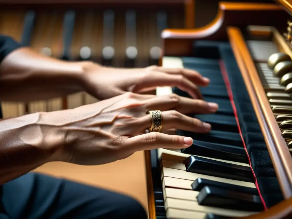 Las manos del músico tocan la melódica con pasión y concentración, mostrando la historia detrás de este instrumento musical