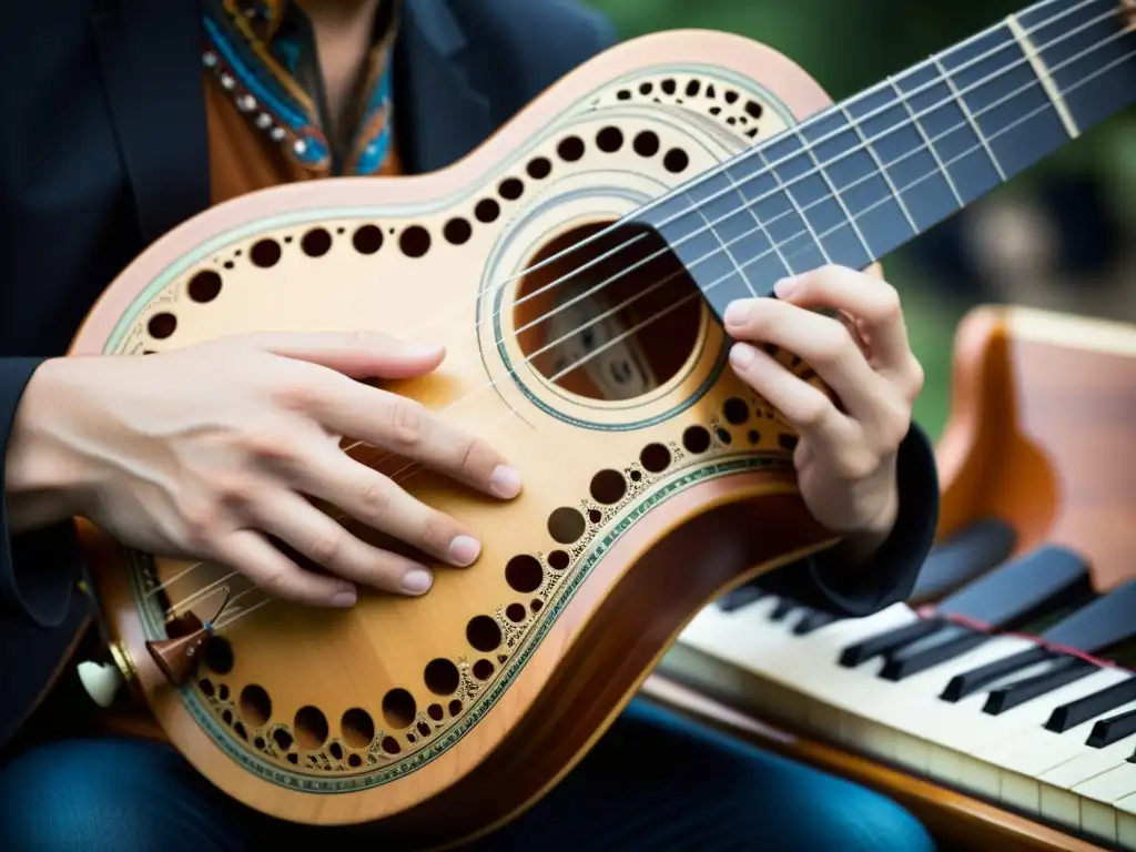 Las manos de un músico tocan un innovador instrumento híbrido, combinando tradición y modernidad, con pasión y artesanía