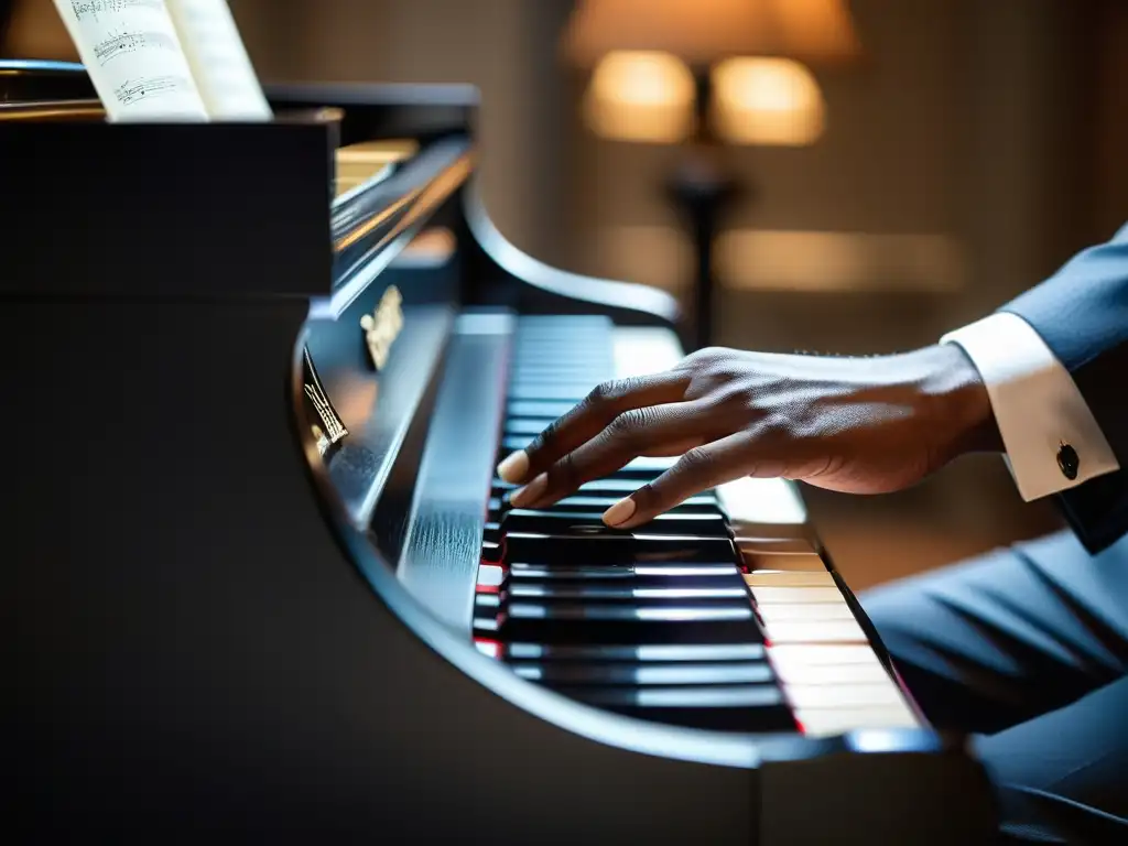 Las manos de un músico de jazz interpretan con pasión partituras en un piano, transmitiendo emoción y destreza en cada nota