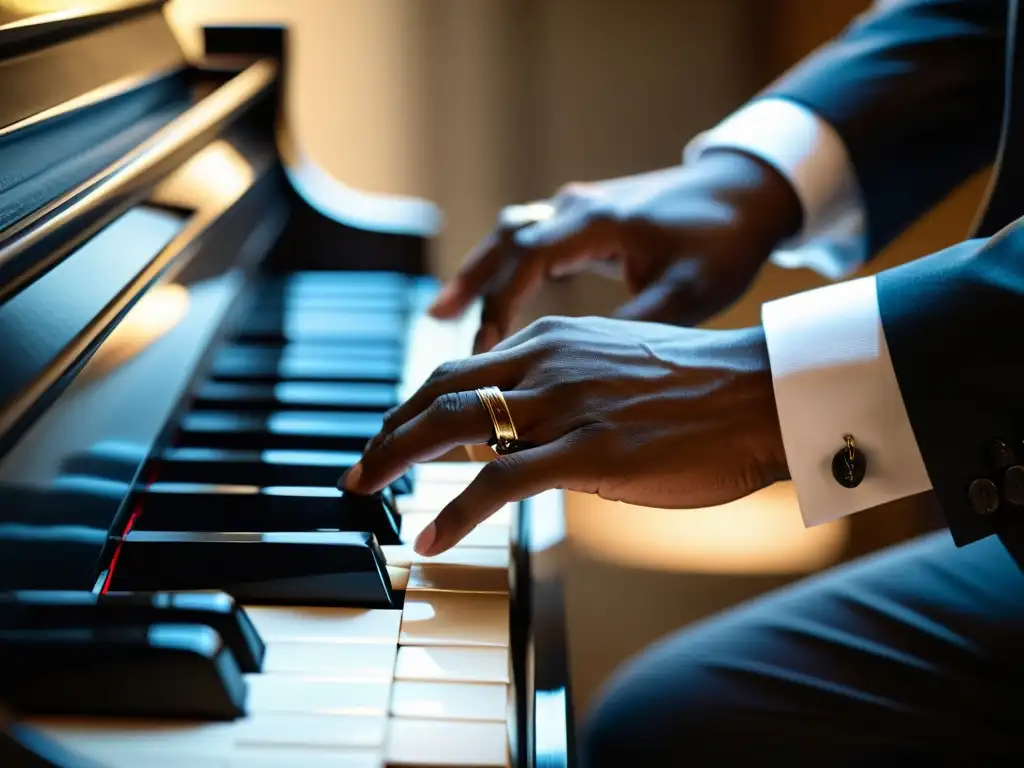 Manos de músico de jazz tocando el piano, mostrando destreza y concentración en la psicología de la improvisación musical