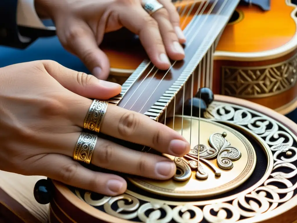 Las manos de un músico tocando la lira griega, mostrando la historia y sonido de este instrumento ancestral