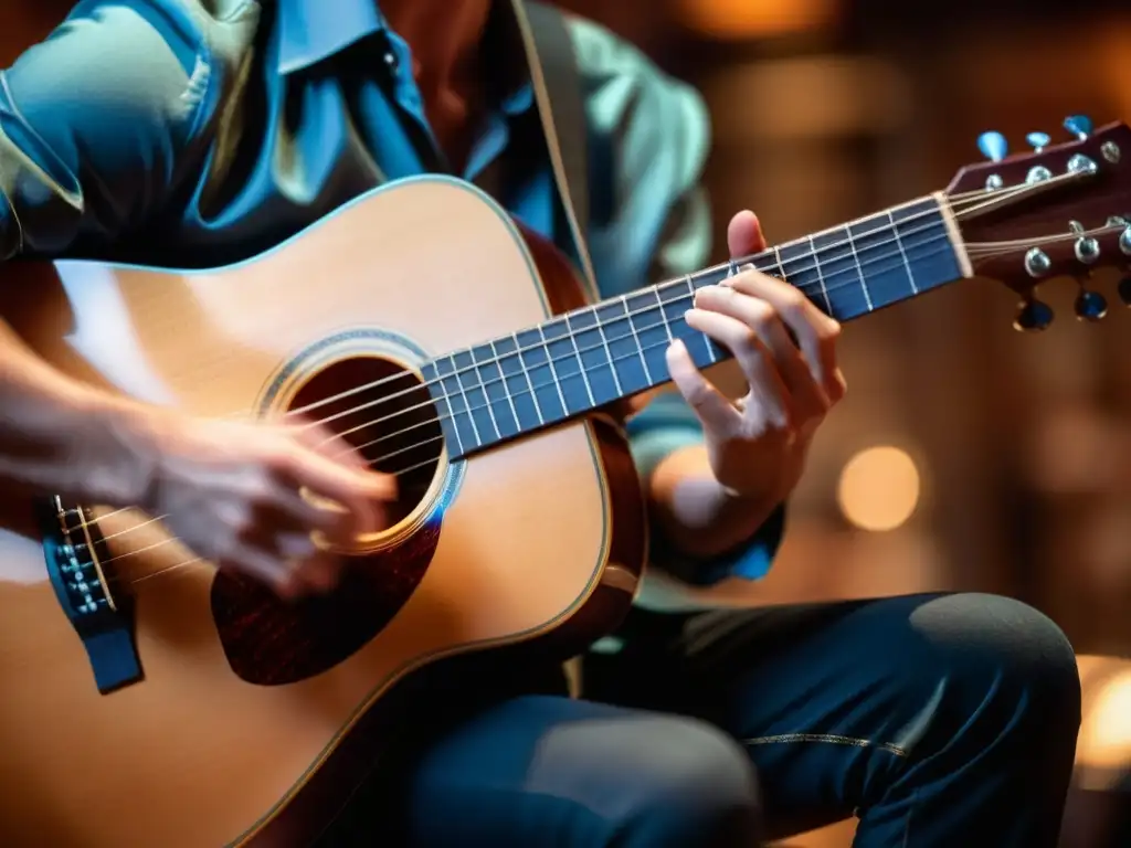 Manos de músico crean magia en la guitarra, destacando la psicología de la improvisación musical