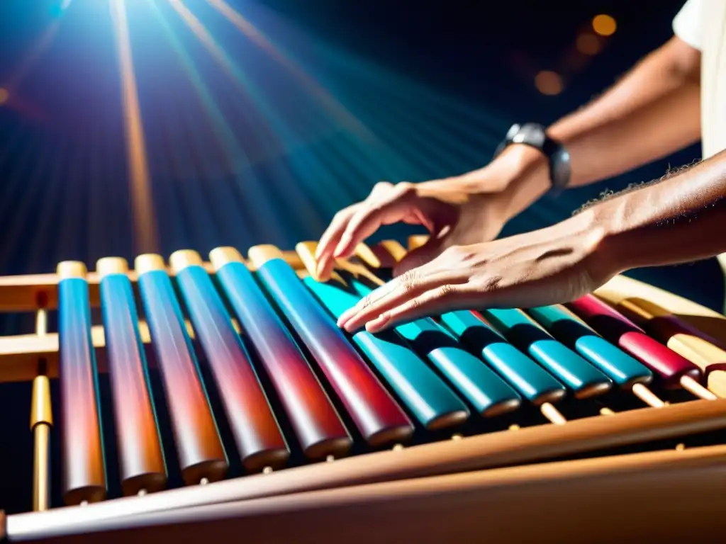 Las manos del músico interpretan la marimba electrónica con pasión y destreza