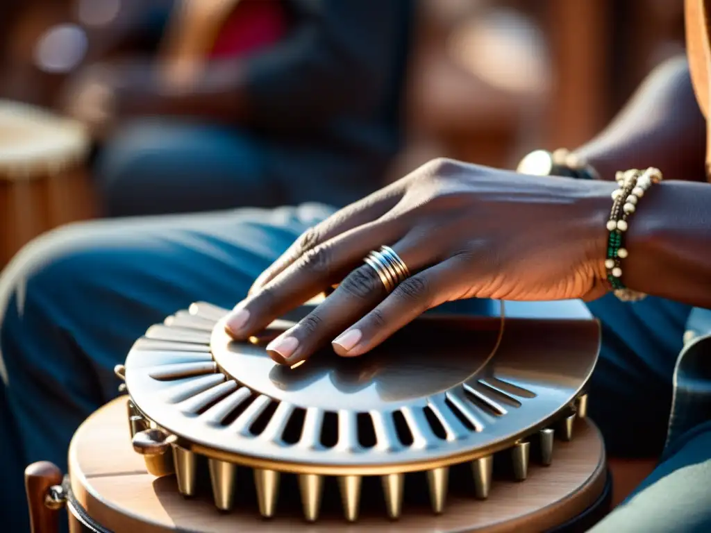 Manos de músico tocando la mbira amplificada en un concierto de música contemporánea, fusionando tradición africana con influencias modernas