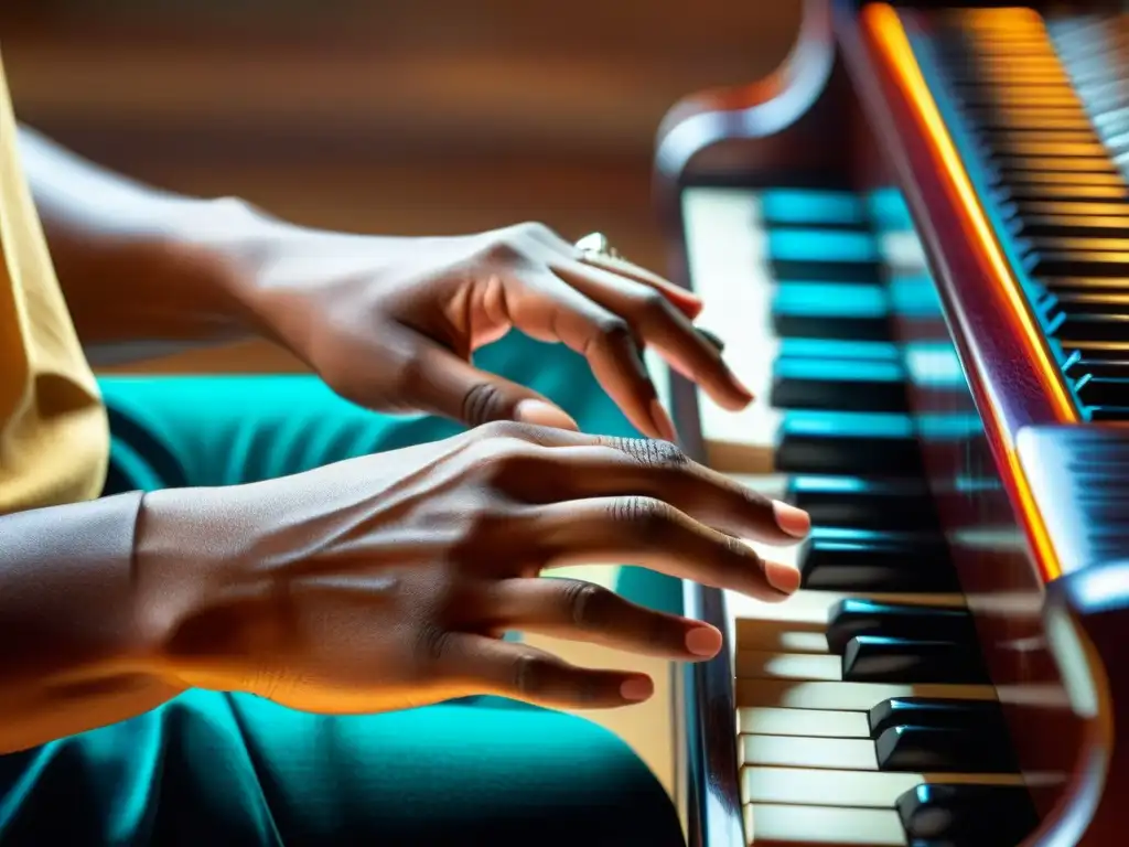 Manos de músico tocando la melódica, resaltando la importancia cultural del instrumento en una vibrante interpretación musical