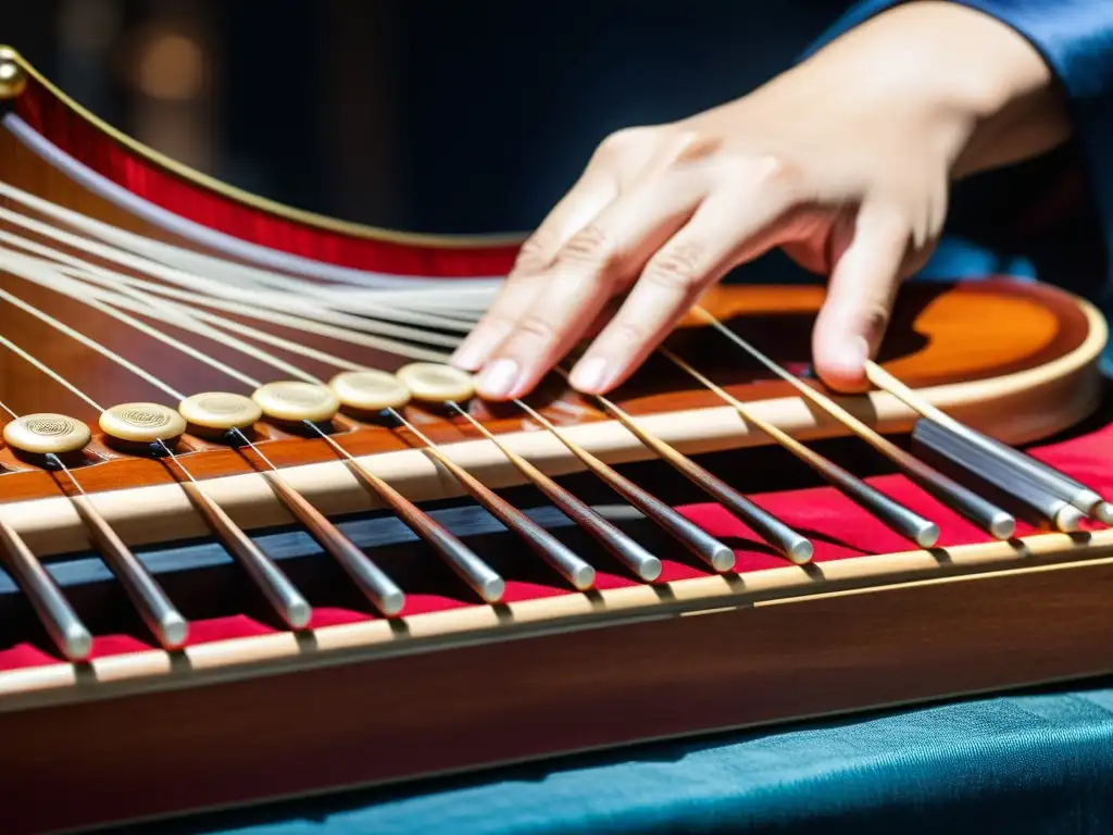 Las manos de un músico tocan el guzheng modernizado, resaltando la innovación en música china