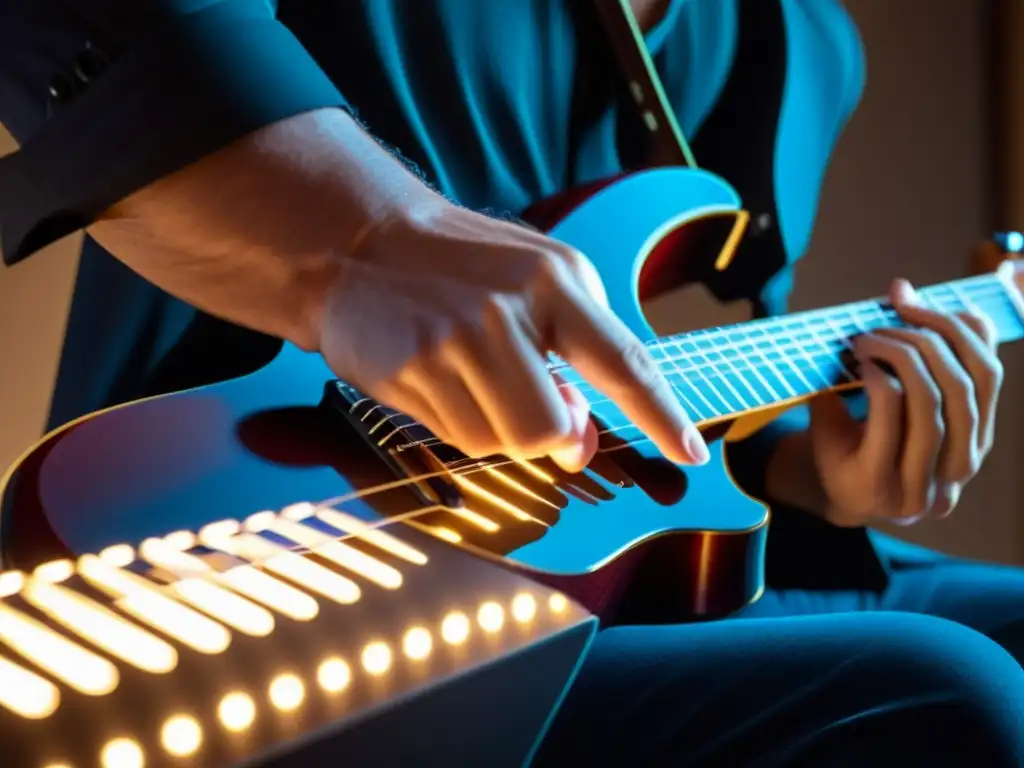 Las manos de un músico crean música con una guitarra MIDI, fusionando técnica tradicional con innovación digital