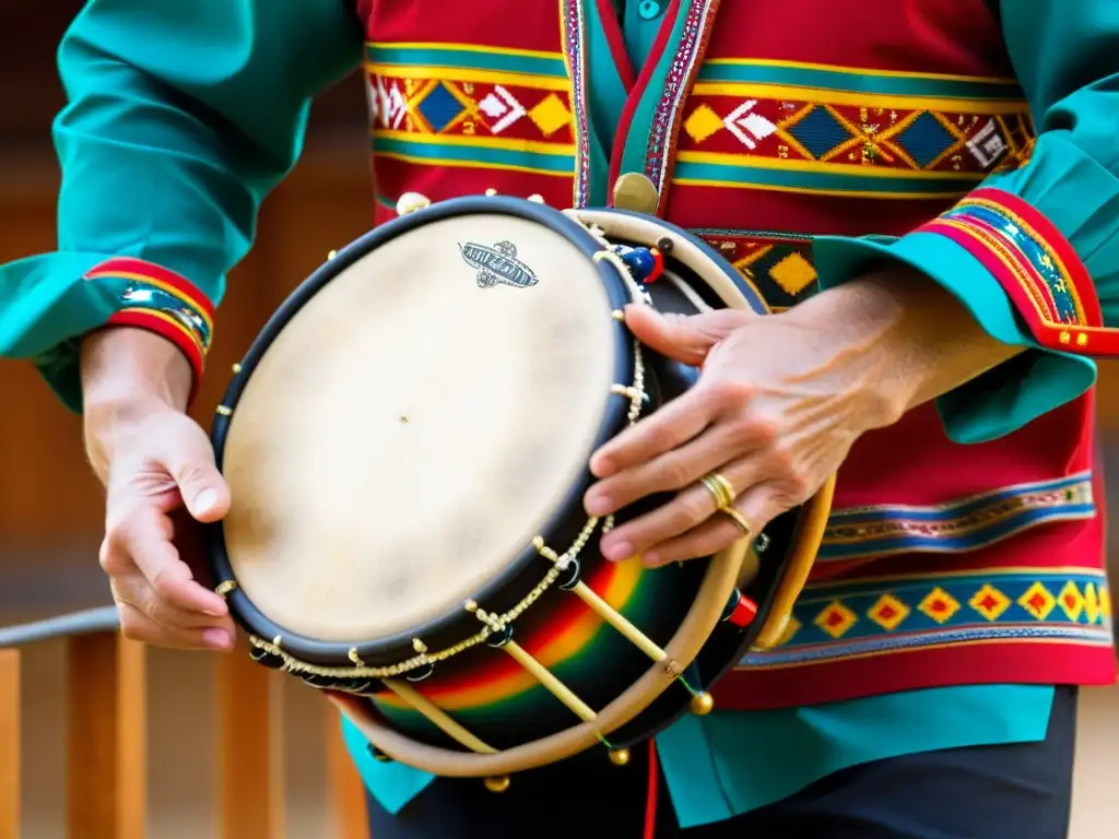 Manos de músico tocando una pandereta asturiana tradicional, capturando la energía y tradición de la música folclórica