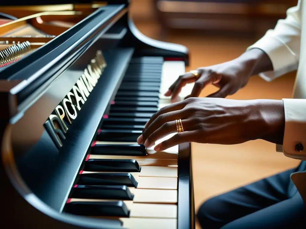 Manos de músico tocando con pasión un piano de cola, expresando la emotividad y destreza de la teoría musical en la era del streaming y el aprendizaje