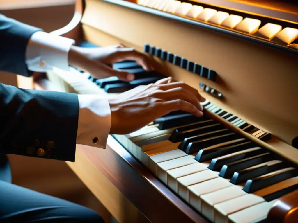 Las manos de un músico tocan con pasión un teclado, mostrando técnicas de jazz en teclado con destreza y emoción