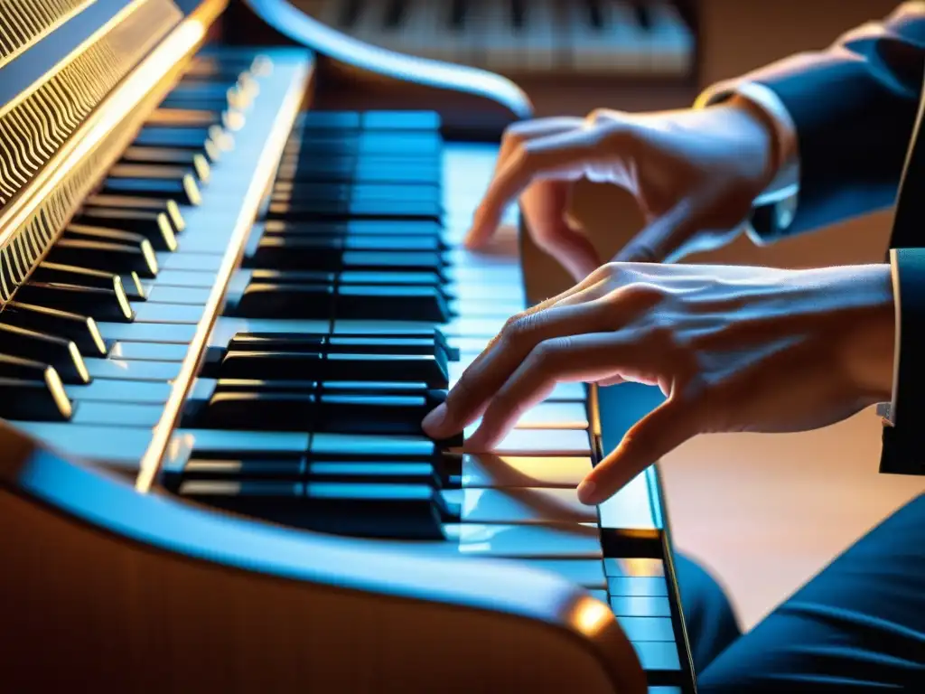 Manos de músico tocando piano digital, concentración y habilidad