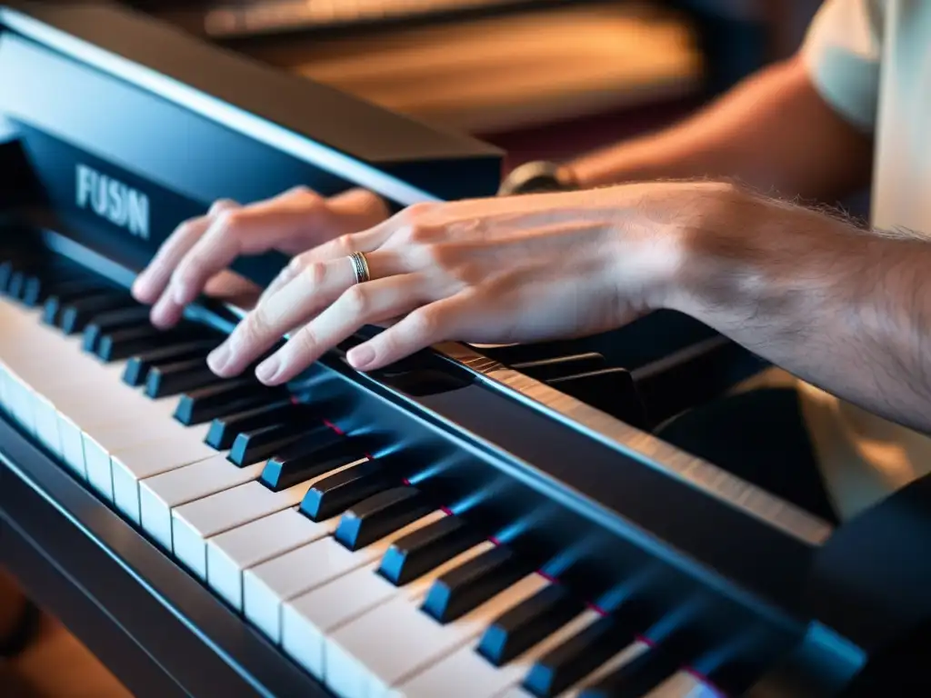 Las manos de un músico tocando el piano con intensidad y pasión, fusionando la educación tradicional y en línea