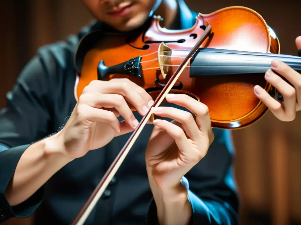 Las manos de un músico ajustan con precisión una sordina en las cuerdas de un violín, destacando la técnica de sordina en instrumentos de cuerda