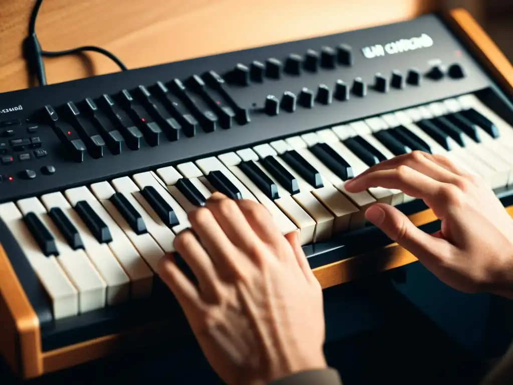 Manos de músico construyendo progresiones de acordes en el teclado con precisión y arte