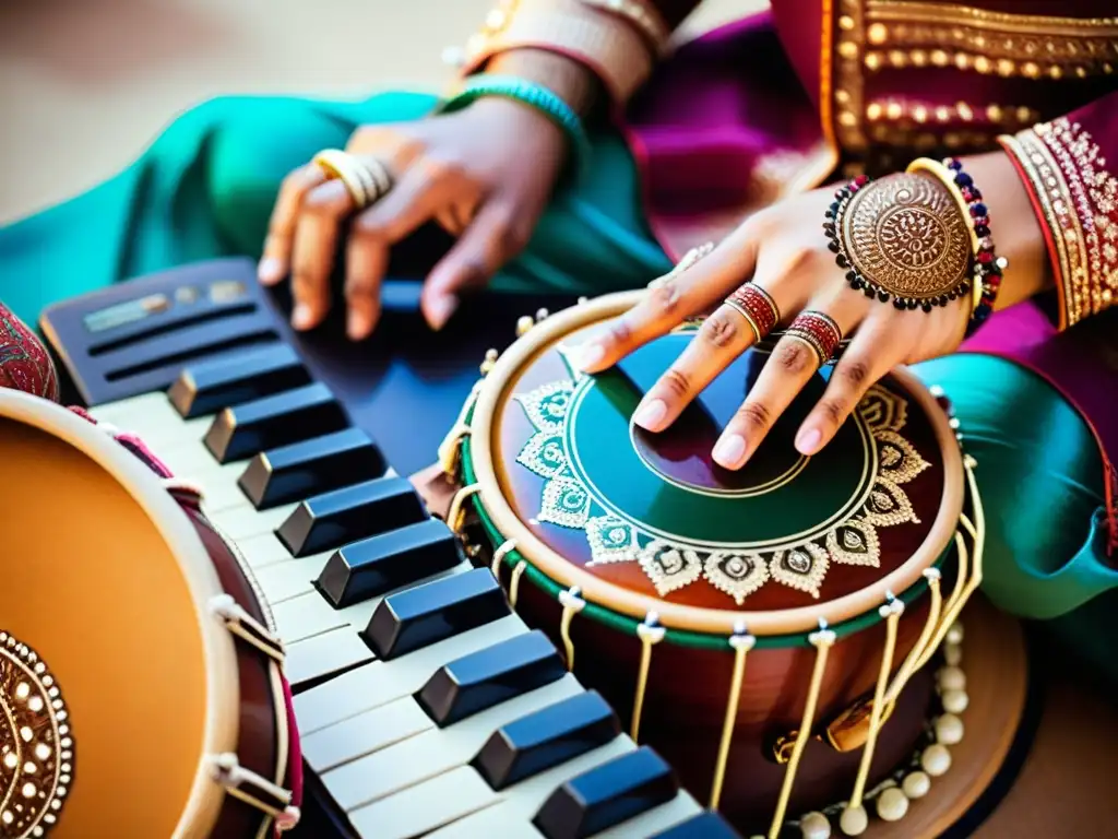 Manos de músico fusionando sonidos teclados multiculturales con tabla india, en una imagen vibrante y dinámica