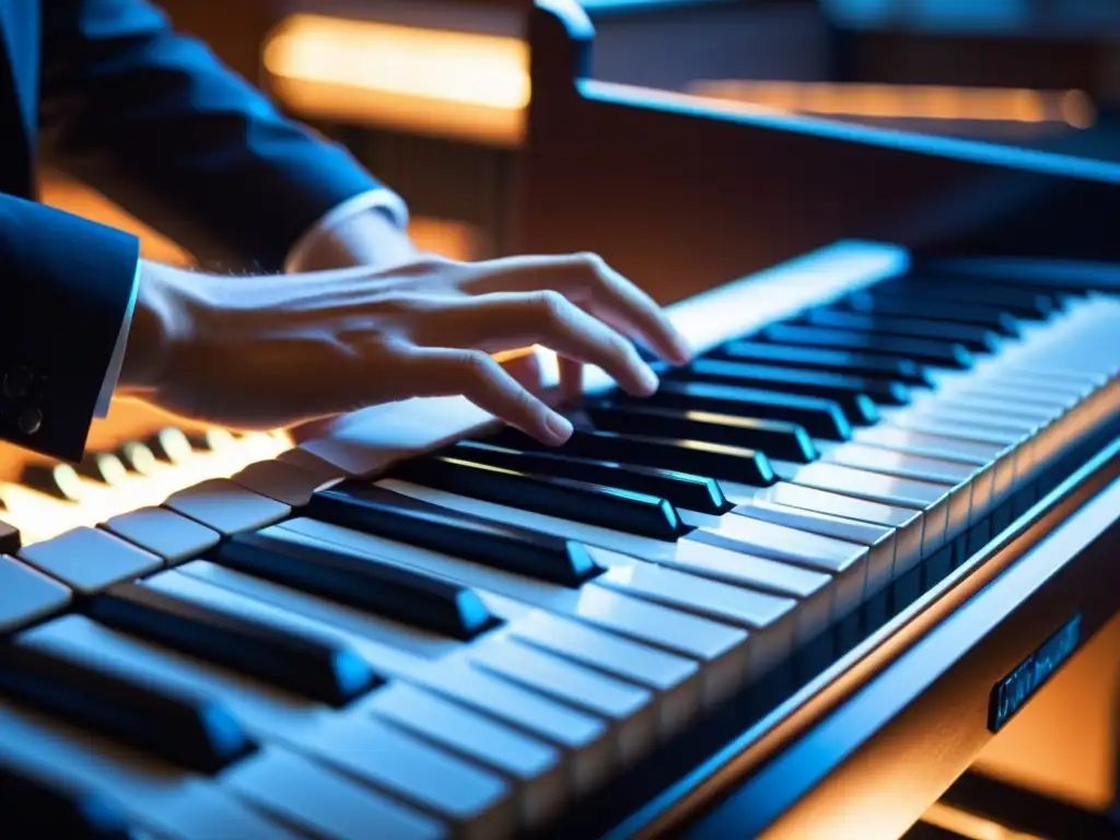 Manos de músico tocando un teclado digital, expresando pasión y enfoque