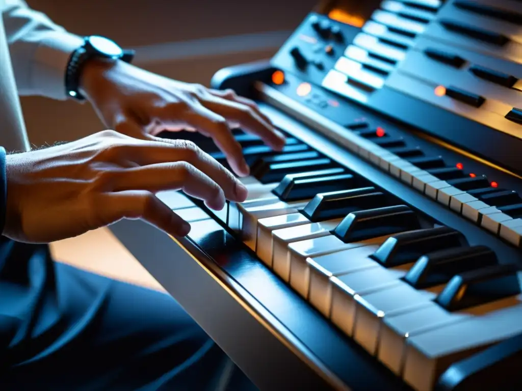 Las manos de un músico tocando un teclado MIDI, capturando la intensidad y precisión