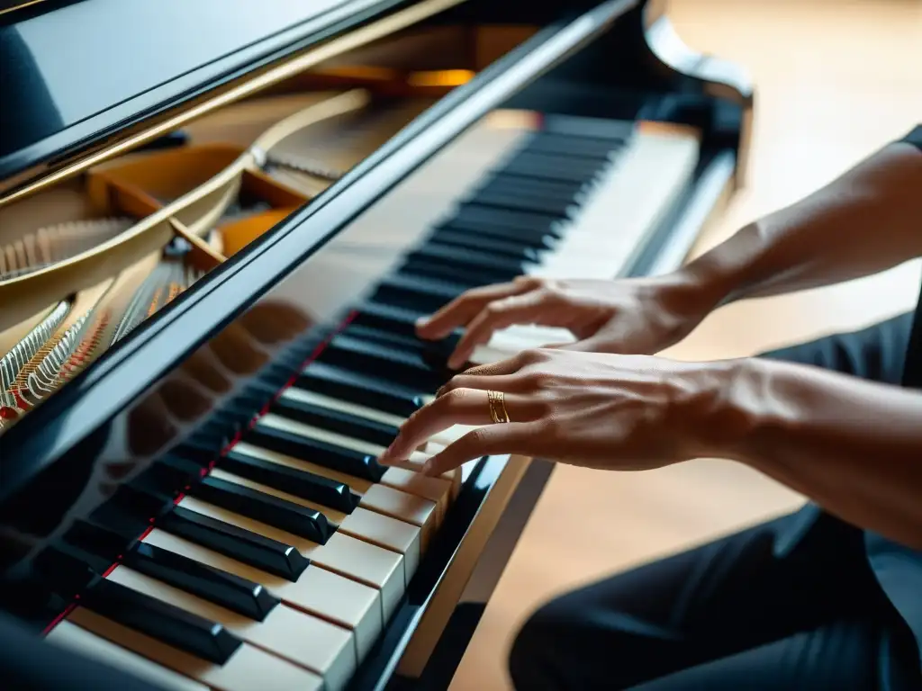 Las manos de un músico deslizándose graciosamente sobre las teclas de un piano de cola, ejecutando la técnica del glissando con maestría