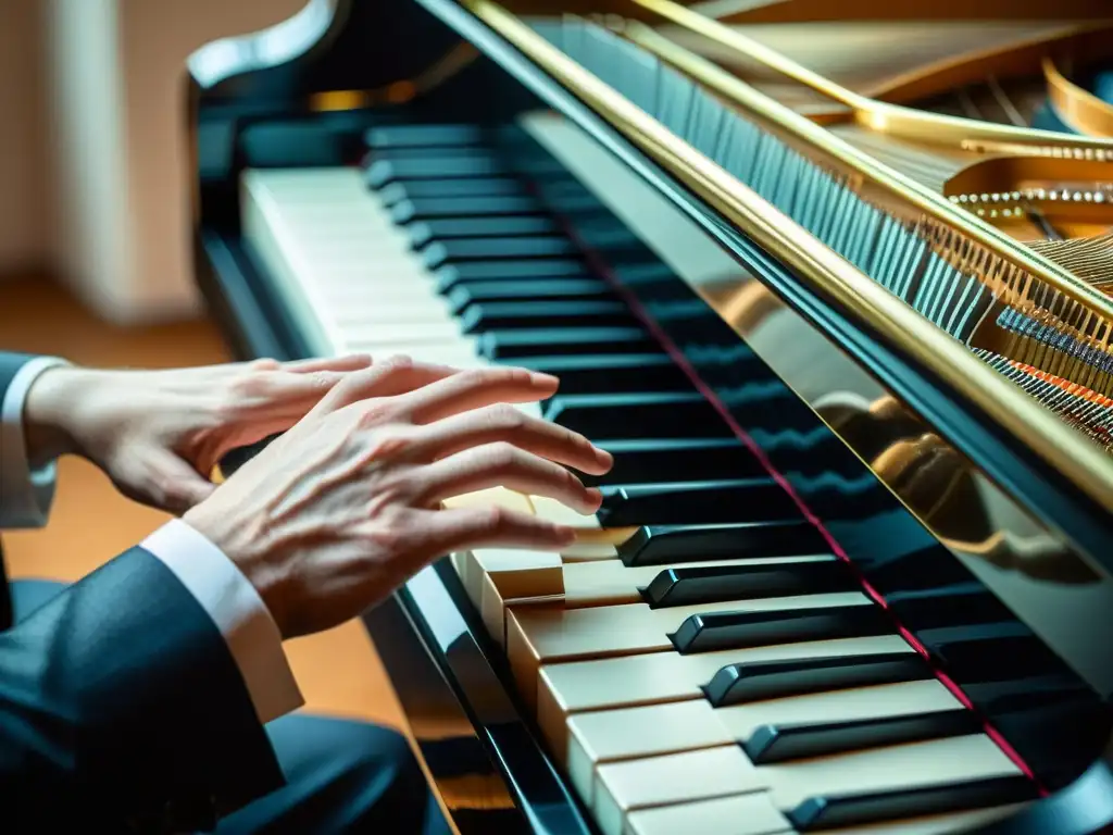 Manos de músico explorando las teclas de un piano de cola, transmitiendo pasión y maestría en técnicas de improvisación musical educativa